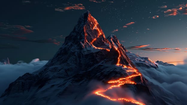 Embark on a mesmerizing journey up a futuristic mountain, where a radiant path leads to the majestic summit. Experience the thrill of exploration in this surreal landscape.