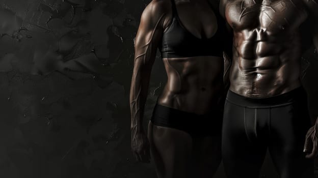An impressive display of strength and athleticism as the torsos of a muscular woman and man are showcased against a sleek black background. This dynamic composition serves as an ideal layout concept for gym promotions, fitness training programs, or any health-related marketing materials, inspiring individuals to embark on their fitness journey.