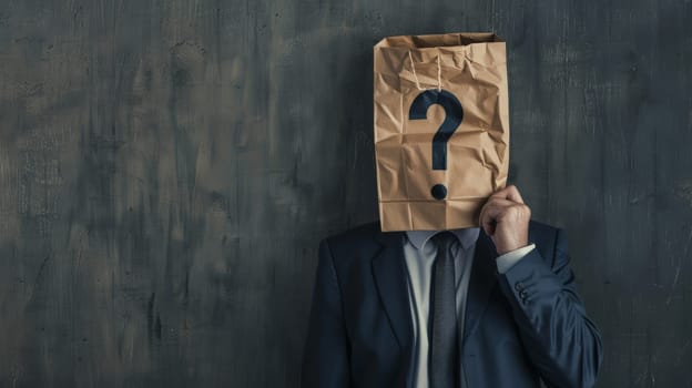 In this thought-provoking image, a businessman is depicted wearing a paper bag over his head, adorned with a prominent question mark. Symbolizing uncertainty and the search for identity, this conceptual photo challenges viewers to contemplate themes of self-discovery and introspection.