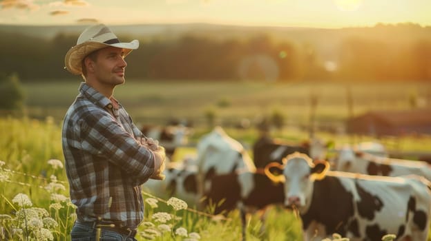 A dedicated farmer stands against a backdrop of contented cows, embodying the essence of sustainable dairy farming and the production of eco-friendly milk. This evocative image captures the harmonious relationship between humans and animals on a modern dairy farm, symbolizing care for the environment and ethical agricultural practices.
