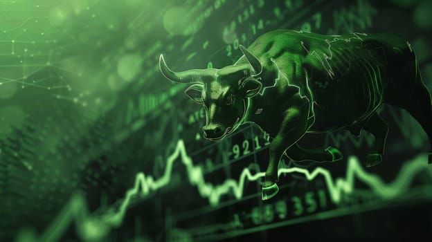 Experience the thrill of a bullish market as the trading graph ascends, signaling an upward trend against a vibrant green backdrop. Dive into the world of trading success and financial prosperity.