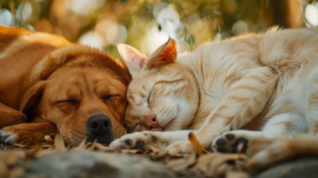 In this heartwarming scene, a charming ginger cat and a loyal dog are captured in a peaceful slumber amidst the great outdoors. Their bond evident, they share a moment of tranquility, showcasing the beauty of interspecies friendship.