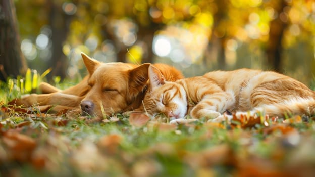 In this heartwarming scene, a charming ginger cat and a loyal dog are captured in a peaceful slumber amidst the great outdoors. Their bond evident, they share a moment of tranquility, showcasing the beauty of interspecies friendship.