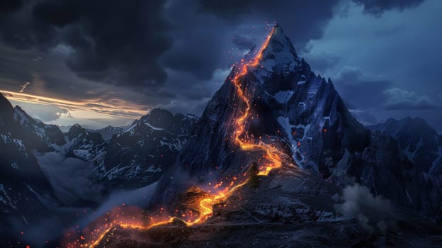 Embark on a mesmerizing journey up a futuristic mountain, where a radiant path leads to the majestic summit. Experience the thrill of exploration in this surreal landscape.