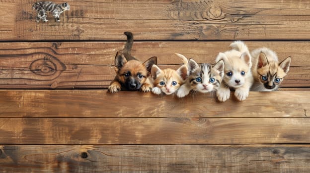 In this heartwarming scene, playful puppies and kittens curiously peek from behind a wooden banner, offering an endearing display perfect for advertising pet-related services or products. With ample empty space on the banner, it's an ideal spot for customized text or product placement, making it a versatile choice for pet stores or veterinary clinics seeking to attract customers.