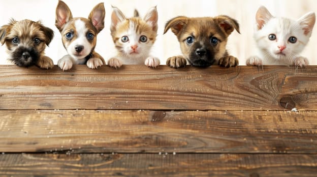 In this heartwarming scene, playful puppies and kittens curiously peek from behind a wooden banner, offering an endearing display perfect for advertising pet-related services or products. With ample empty space on the banner, it's an ideal spot for customized text or product placement, making it a versatile choice for pet stores or veterinary clinics seeking to attract customers.