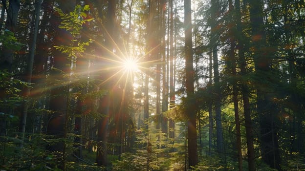 Bathed in the gentle glow of sunlight, the lush foliage of the forest comes alive on a radiant, sunny day. The interplay of light and shadow creates a mesmerizing spectacle, as sunbeams filter through the canopy, illuminating the verdant surroundings with warmth and vitality.