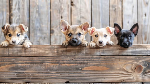 In this heartwarming scene, playful puppies and kittens curiously peek from behind a wooden banner, offering an endearing display perfect for advertising pet-related services or products. With ample empty space on the banner, it's an ideal spot for customized text or product placement, making it a versatile choice for pet stores or veterinary clinics seeking to attract customers.