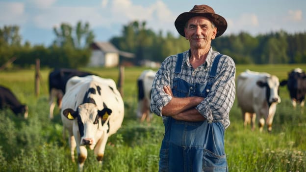 A dedicated farmer stands against a backdrop of contented cows, embodying the essence of sustainable dairy farming and the production of eco-friendly milk. This evocative image captures the harmonious relationship between humans and animals on a modern dairy farm, symbolizing care for the environment and ethical agricultural practices.
