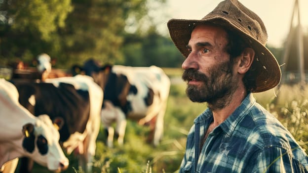 A dedicated farmer stands against a backdrop of contented cows, embodying the essence of sustainable dairy farming and the production of eco-friendly milk. This evocative image captures the harmonious relationship between humans and animals on a modern dairy farm, symbolizing care for the environment and ethical agricultural practices.