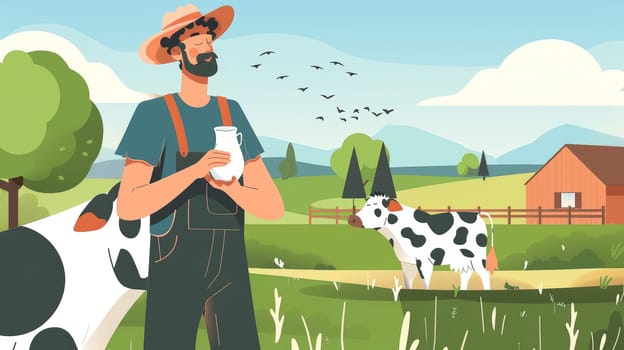 A dedicated farmer stands against a backdrop of contented cows, embodying the essence of sustainable dairy farming and the production of eco-friendly milk. This evocative image captures the harmonious relationship between humans and animals on a modern dairy farm, symbolizing care for the environment and ethical agricultural practices.