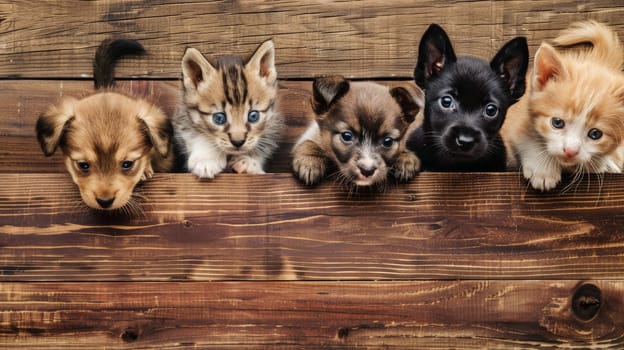 In this heartwarming scene, playful puppies and kittens curiously peek from behind a wooden banner, offering an endearing display perfect for advertising pet-related services or products. With ample empty space on the banner, it's an ideal spot for customized text or product placement, making it a versatile choice for pet stores or veterinary clinics seeking to attract customers.