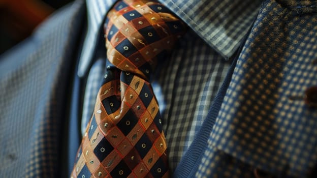 A close-up capture showcases the timeless sophistication of a neatly knotted tie resting against a crisp collar. This simple yet refined ensemble epitomizes professionalism and style, making it a staple accessory in any wardrobe.