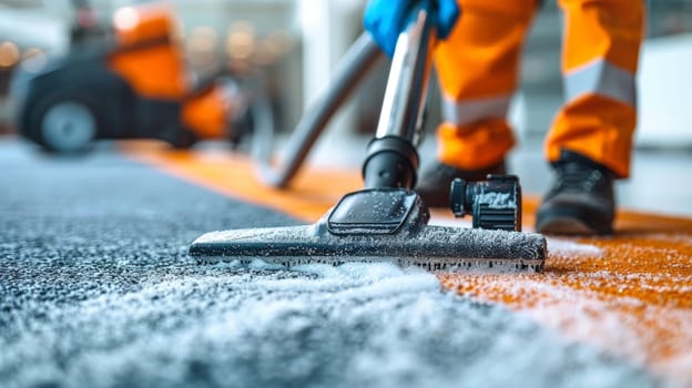 Witness the meticulous work of a janitor as they employ a powerful vacuum cleaner to breathe new life into carpets, ensuring a pristine and hygienic environment.