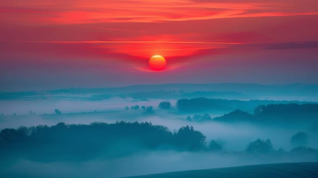 Captured amidst a mystical mist, this ethereal photograph portrays the serene beauty of a sunset shrouded in fog, evoking a sense of mystery and tranquility.
