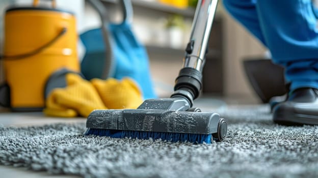 Witness the meticulous work of a janitor as they employ a powerful vacuum cleaner to breathe new life into carpets, ensuring a pristine and hygienic environment.
