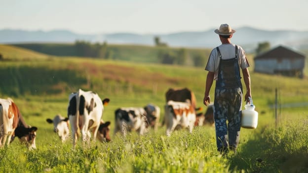 A dedicated farmer stands against a backdrop of contented cows, embodying the essence of sustainable dairy farming and the production of eco-friendly milk. This evocative image captures the harmonious relationship between humans and animals on a modern dairy farm, symbolizing care for the environment and ethical agricultural practices.