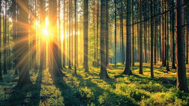 Bathed in the gentle glow of sunlight, the lush foliage of the forest comes alive on a radiant, sunny day. The interplay of light and shadow creates a mesmerizing spectacle, as sunbeams filter through the canopy, illuminating the verdant surroundings with warmth and vitality.