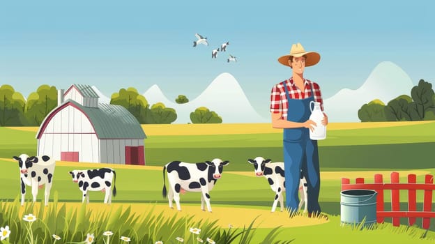 A dedicated farmer stands against a backdrop of contented cows, embodying the essence of sustainable dairy farming and the production of eco-friendly milk. This evocative image captures the harmonious relationship between humans and animals on a modern dairy farm, symbolizing care for the environment and ethical agricultural practices.