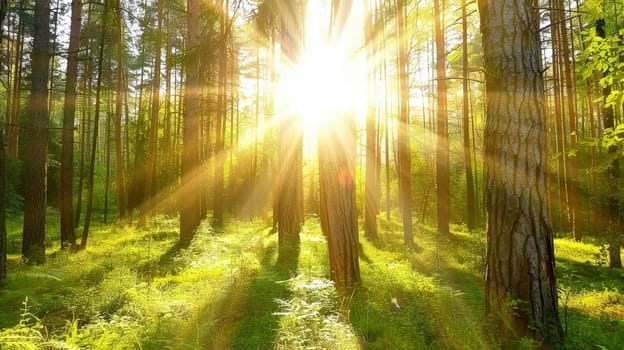 Bathed in the gentle glow of sunlight, the lush foliage of the forest comes alive on a radiant, sunny day. The interplay of light and shadow creates a mesmerizing spectacle, as sunbeams filter through the canopy, illuminating the verdant surroundings with warmth and vitality.""