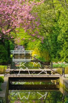 small canal with few romantic bridges in a springtime park
