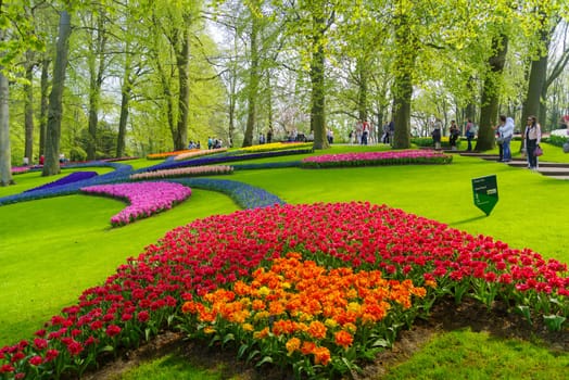 LISSE, NETHERLANDS - APRIL 22, 2018: Lots of people enjoying the blooming tulips in the Keukenhof, the most beautiful spring garden in the world.