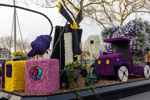 Noordwijkerhout, Netherlands - April 21, 2023: Flowers floats prepared for the evening illuminated Flower Parade Bollenstreek in Noordwijkerhout