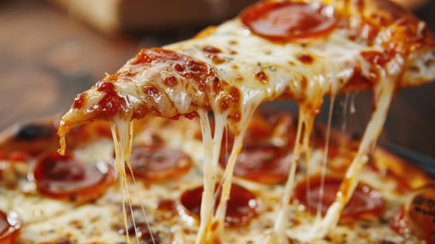 Indulge in the mouthwatering allure of a freshly baked Italian pizza slice, topped with gooey, melted cheese, and savory ingredients. This appetizing treat promises a burst of flavor with every bite, satisfying cravings and igniting the senses.