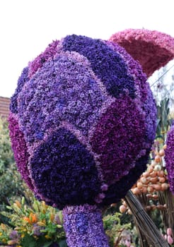 Noordwijkerhout, Netherlands - April 21, 2023: Decorations made of tulips and hyacinths presented before the evening illuminated Flower Parade Bollenstreek
