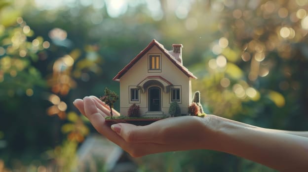 In this evocative image, a human hand delicately cradles a miniature house, symbolizing the aspirations of homeownership and the importance of property insurance. This concept encapsulates the essence of securing one's dream home, offering reassurance and protection in the face of uncertainties. Whether it's for mortgage purposes or safeguarding against unforeseen risks, this image speaks volumes about the significance of home insurance.