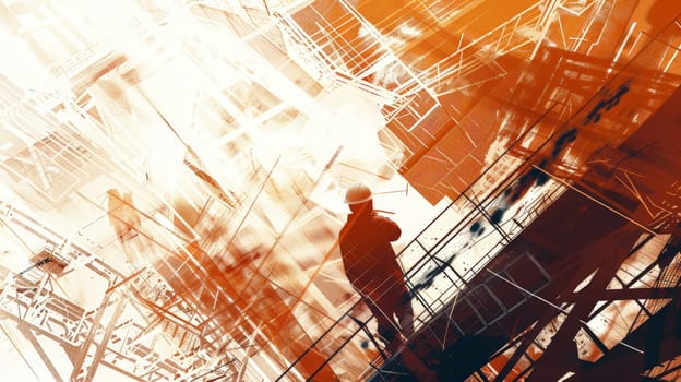 Experience the fusion of innovation and expertise in this captivating illustration showcasing digital building construction engineering. Through double exposure graphic design, witness the collaboration of building engineers, architects, and construction workers as they bring architectural visions to life.