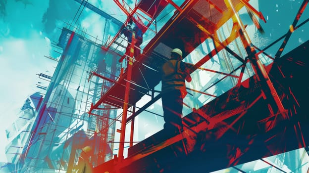 Experience the fusion of innovation and expertise in this captivating illustration showcasing digital building construction engineering. Through double exposure graphic design, witness the collaboration of building engineers, architects, and construction workers as they bring architectural visions to life.