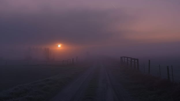 Captured amidst a mystical mist, this ethereal photograph portrays the serene beauty of a sunset shrouded in fog, evoking a sense of mystery and tranquility.