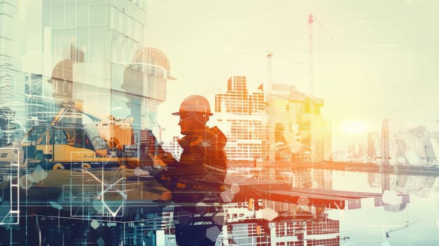 Experience the fusion of innovation and expertise in this captivating illustration showcasing digital building construction engineering. Through double exposure graphic design, witness the collaboration of building engineers, architects, and construction workers as they bring architectural visions to life.