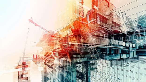 Experience the fusion of innovation and expertise in this captivating illustration showcasing digital building construction engineering. Through double exposure graphic design, witness the collaboration of building engineers, architects, and construction workers as they bring architectural visions to life.