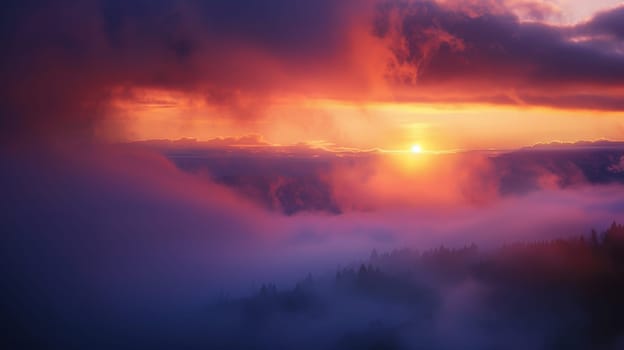 Captured amidst a mystical mist, this ethereal photograph portrays the serene beauty of a sunset shrouded in fog, evoking a sense of mystery and tranquility.