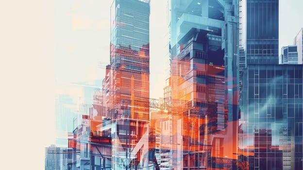 Experience the fusion of innovation and expertise in this captivating illustration showcasing digital building construction engineering. Through double exposure graphic design, witness the collaboration of building engineers, architects, and construction workers as they bring architectural visions to life.