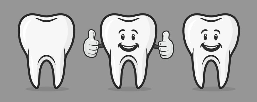 Vector Cute and Friendly Cartoon Tooth Character. Design Template for Promoting Dental Care and Toothpaste. Healthy Oral Hygiene Concept. The Smiling Tooth Character Showing Hand Gesture LIKE.
