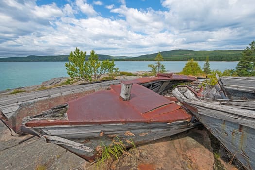Abandoned Boats Crumbling on a Remote Lakeshore on Lake Superior in Neys Provincial Park in Canada