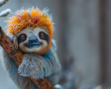 Colorful illustration of bright-eyed sloth perched on branch. Highly detailed. In the picture there is space to enter text. Can be used to make advertisements for environmental conservation campaigns.