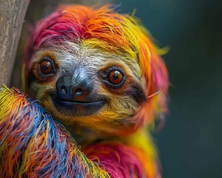 Colorful illustration of bright-eyed sloth perched on branch. Highly detailed. In the picture there is space to enter text. Can be used to make advertisements for environmental conservation campaigns.