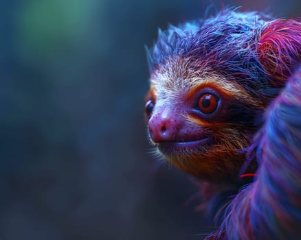 Colorful illustration of bright-eyed sloth perched on branch. Highly detailed. In the picture there is space to enter text. Can be used to make advertisements for environmental conservation campaigns.