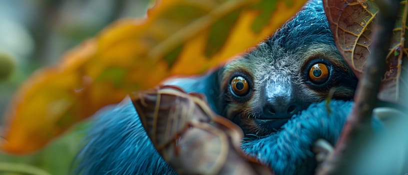 Colorful illustration of bright-eyed sloth perched on branch. Highly detailed. In the picture there is space to enter text. Can be used to make advertisements for environmental conservation campaigns.