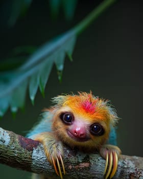 Colorful illustration of bright-eyed sloth perched on branch. Highly detailed. In the picture there is space to enter text. Can be used to make advertisements for environmental conservation campaigns.