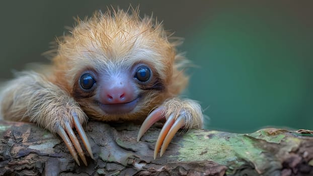 Colorful illustration of bright-eyed sloth perched on branch. Highly detailed. In the picture there is space to enter text. Can be used to make advertisements for environmental conservation campaigns.