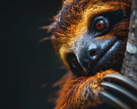 Colorful illustration of bright-eyed sloth perched on branch. Highly detailed. In the picture there is space to enter text. Can be used to make advertisements for environmental conservation campaigns.