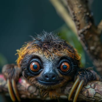 Colorful illustration of bright-eyed sloth perched on branch. Highly detailed. In the picture there is space to enter text. Can be used to make advertisements for environmental conservation campaigns.