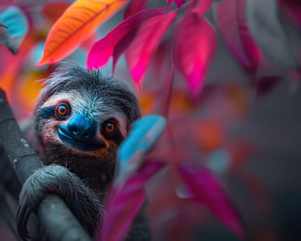 Colorful illustration of bright-eyed sloth perched on branch. Highly detailed. In the picture there is space to enter text. Can be used to make advertisements for environmental conservation campaigns.