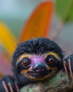 Colorful illustration of bright-eyed sloth perched on branch. Highly detailed. In the picture there is space to enter text. Can be used to make advertisements for environmental conservation campaigns.