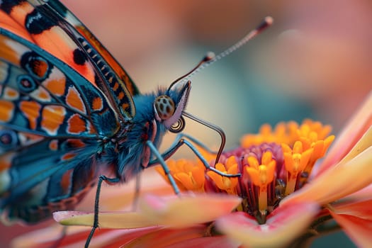 Beautiful butterfly on flower petals in colorful and highly detailed illustration. It can be used in lessons about insects, flowers, nature in books or use as wallpaper mobile phone screen, computer.